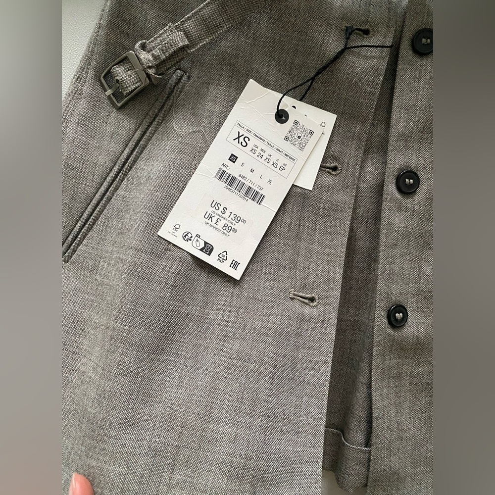 ZARA Brown Taupe 100% Wool Belted Blazer Jacket Coat  ZW Collection Gray XS NWT - Picture 14 of 16